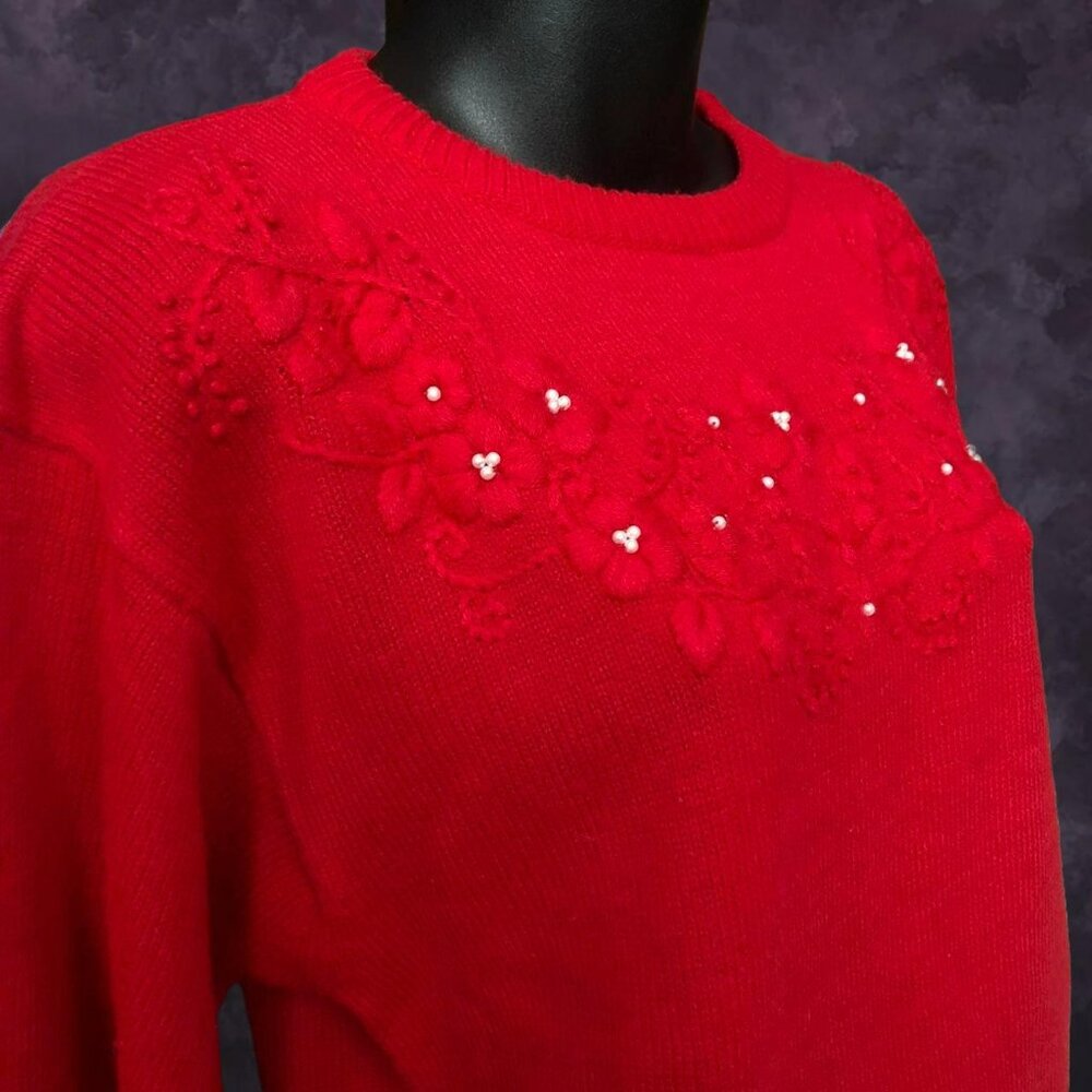 Vtg Red Floral Knit Sweater